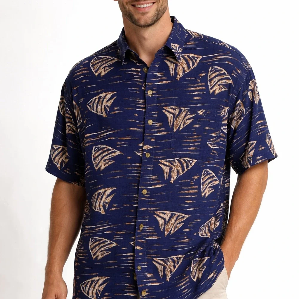 Vintage‎ Pineapple Moon Hawaiin Shirt XL Blue Fish Print Rayon Made In Pakistan